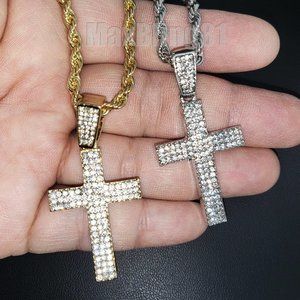 Hip Hop Jewelry Iced Holy Bling Cross Pendant & 24" Rope Chain Fashion Necklace